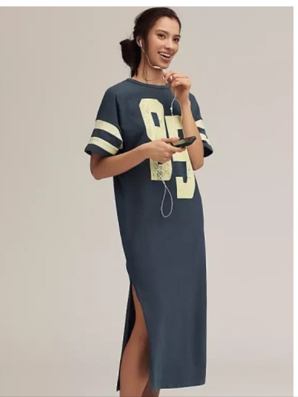 Anthropologie Slate Blue Graphic Tee Maxi Dress with Cream Accents